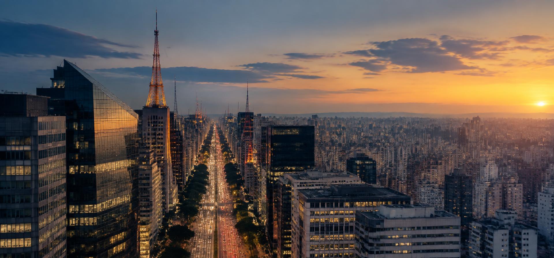 Vista da Avenida Paulista, em São Paulo, ao entardecer